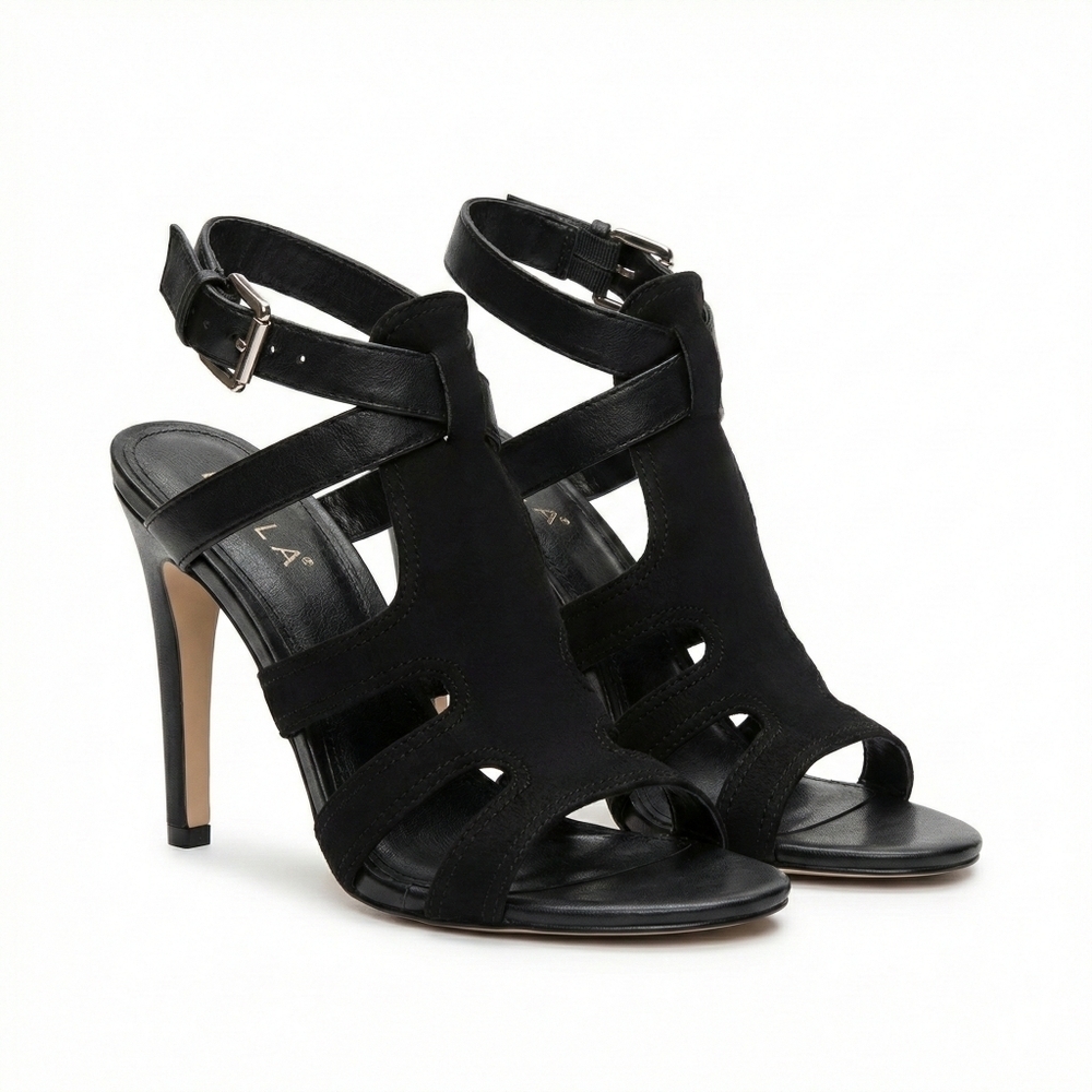 Isola Black Woven Straps Ankle Closure Heels